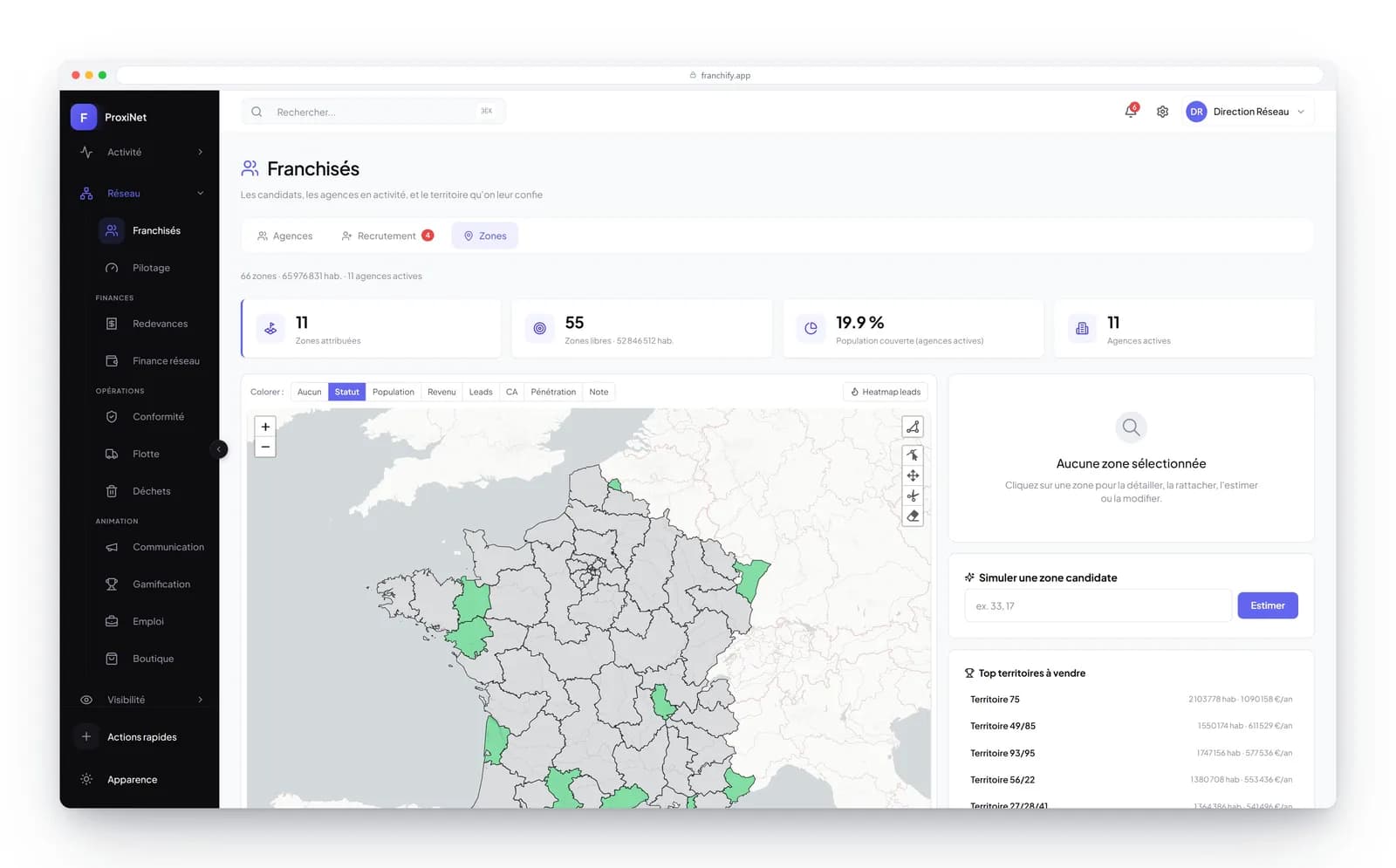 Écran Franchify des territoires : carte des zones attribuées et libres du réseau